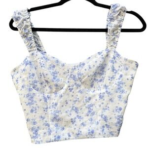 Womens M Crop Corset Top Blue White Floral Cottagecore Fairy Romantic